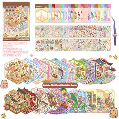 DSNJPZX DIY sticker scenes spread showcasing shop interiors and miniature scenes
