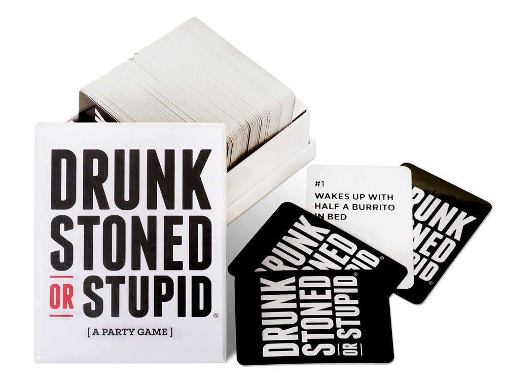 DSS Games Drunk Stoned or Stupid card deck showcasing outrageous prompts.