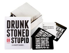 DSS Games Drunk Stoned or Stupid card deck showcasing outrageous prompts.