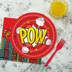 DTDO blue hero city skyline decor creates a lively birthday backdrop.