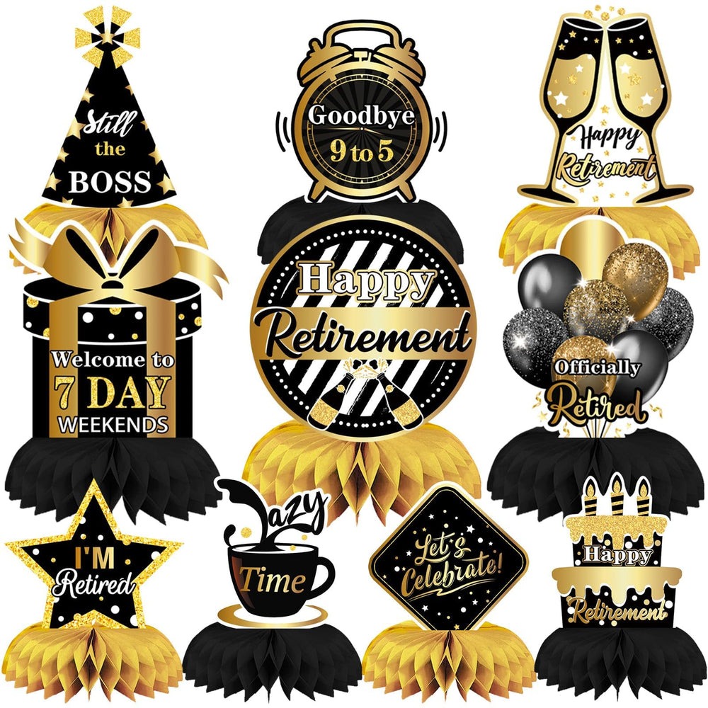 DTOFOOT retirement honeycomb centerpiece in black and gold adds a refined focal point to the table.