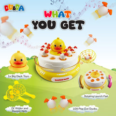 Close-up of colorful ducks in DU&DA Pop Up Duck Catch Game to spark attention.