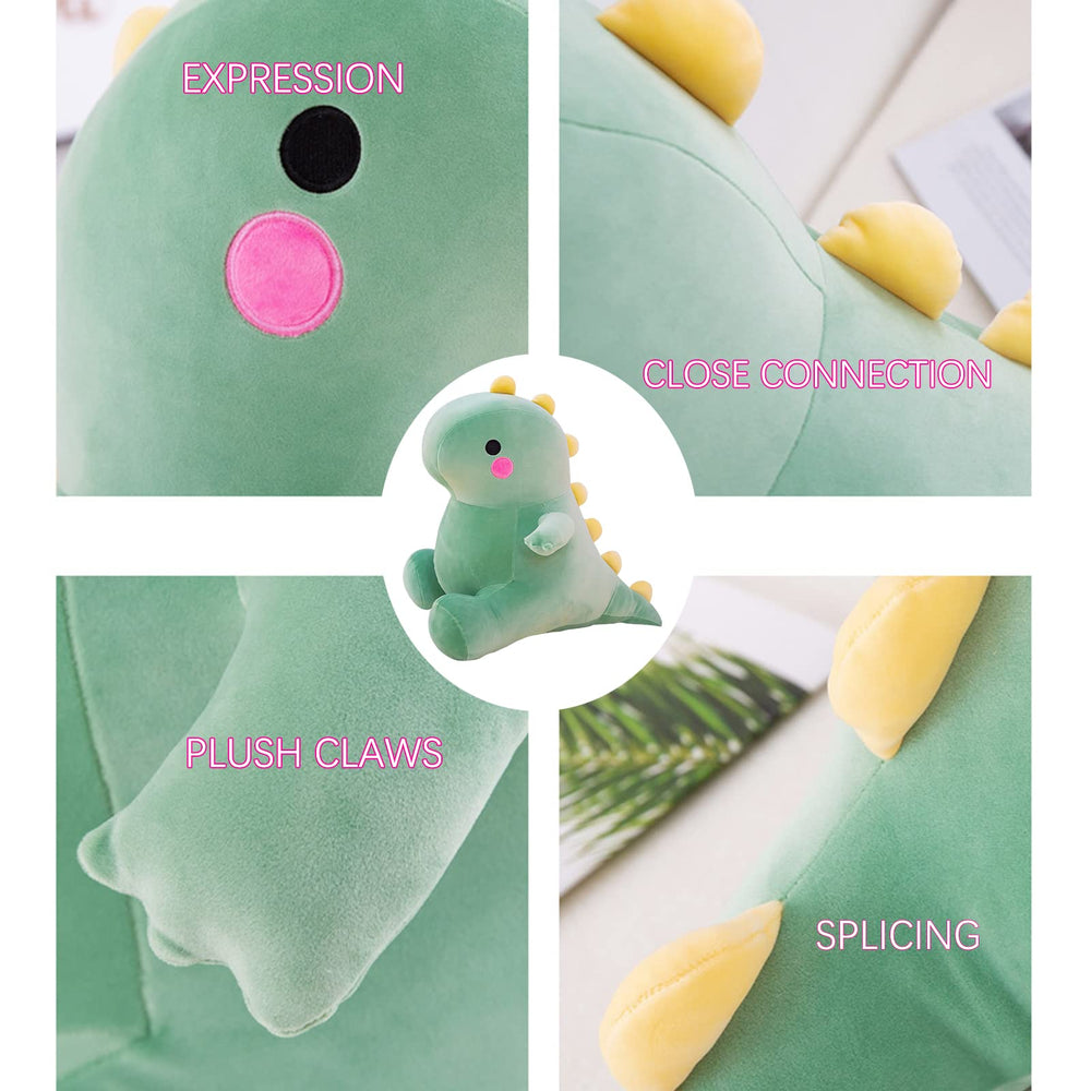 DUANMUL green 19in dinosaur plush angled view, versatile decor and hug pillow.