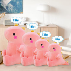 DUANMUL pink 13-inch dinosaur plush on bed for cuddle-friendly decor.