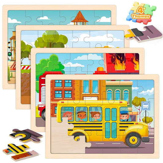 Duchong wooden bus and train puzzle set for kids, boosting spatial awareness.