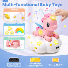 Duchong Crawling unicorn toy helps babies chase and crawl with ease.