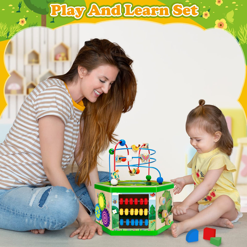 Duchong wooden activity cube flip board promotes sequencing and memory skills.
