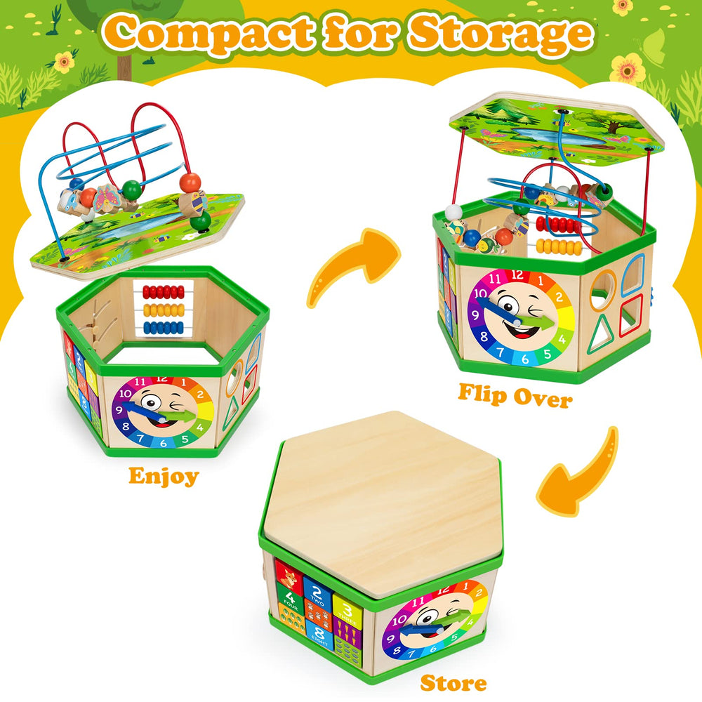 Duchong wooden activity cube shape sorter encourages shape recognition and logical thinking.