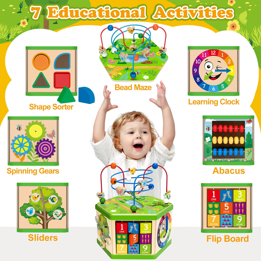Duchong wooden activity cube spinning gears engages toddlers in tactile problem solving.