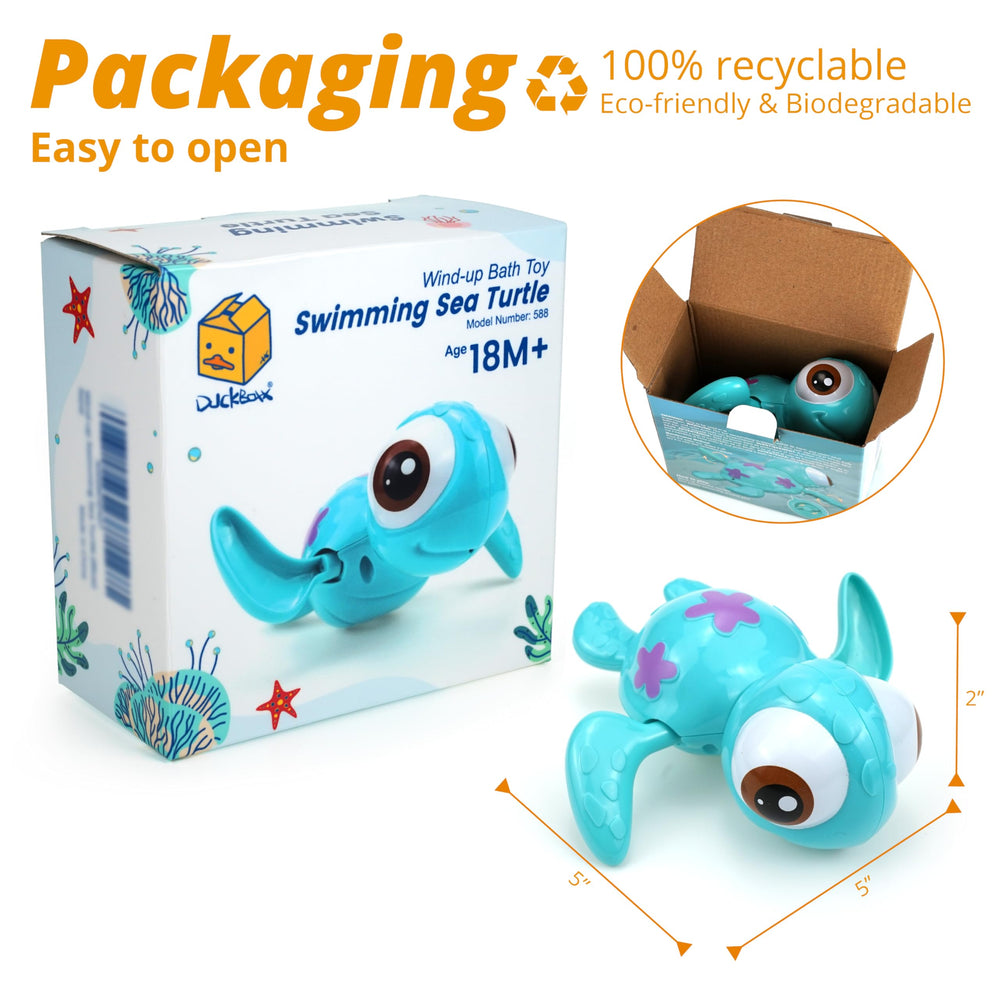 DUCKBOXX XX wind-up sea turtle bath toy blue, smooth edges support safe, confident bath exploration.
