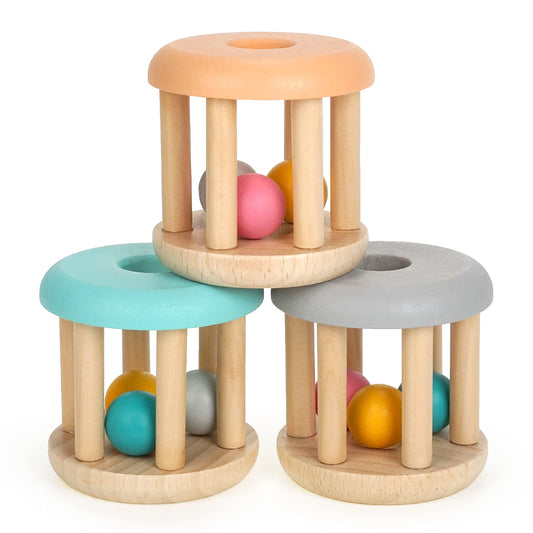 DUCKBOXX XX wooden rattle roller closeup showing soothing wood sound for infants