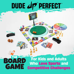 Dude Perfect board game dice and spinner in action, inviting competitive rounds and fast decisions.