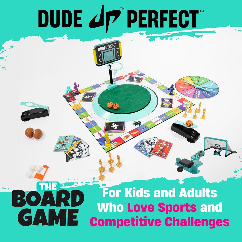 Dude Perfect board game play area shows a ready-to-play setup with friends and family.