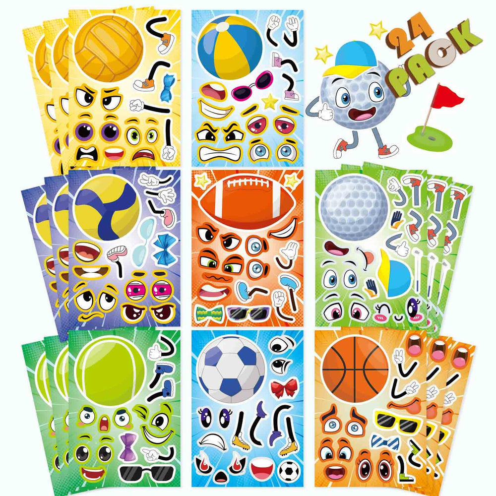 DUJAA 24 PCS Sport Ball Stickers cover with vibrant designs for kids' crafts.