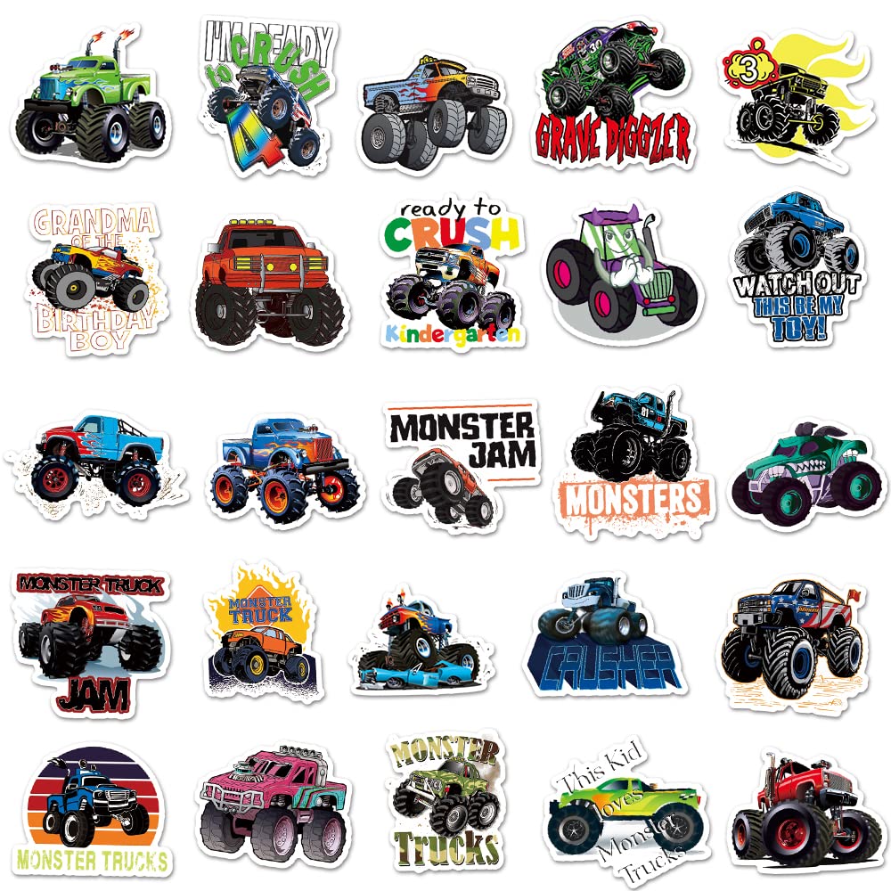DULEFUN Monster Truck stickers on a skateboard; durable, water-resistant art for transportation.