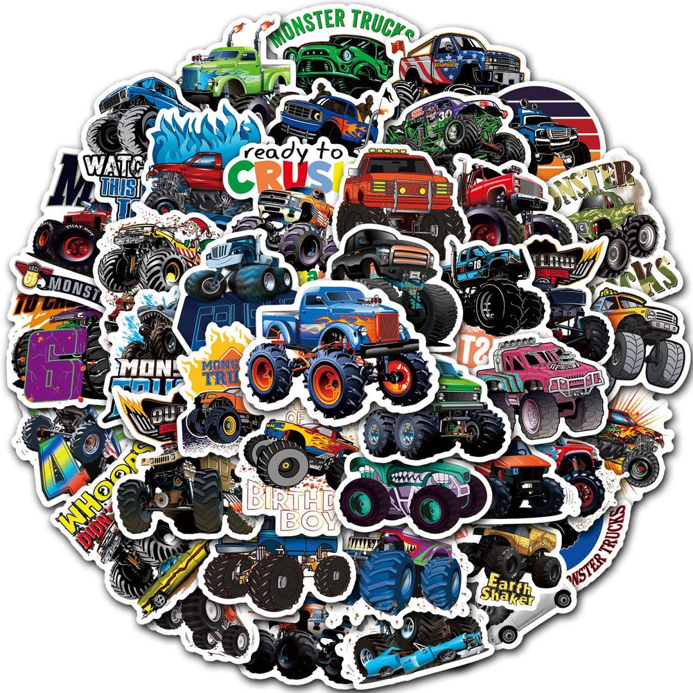 DULEFUN Monster Truck stickers on a water bottle; waterproof, vibrant, great for kids' drinks.