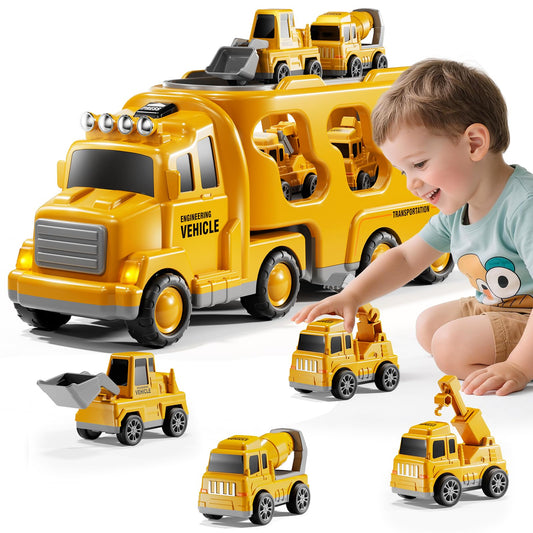 DULONIME construction truck toy with a 5-in-1 carrier for imaginative play and motor practice.