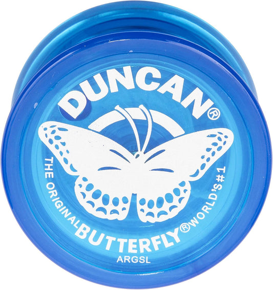 Duncan Butterfly Yo-Yo blue body close-up showing durable plastic for learning.