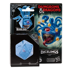 Dungeons & Dragons Dicelings Blue Beholder transforming die in d20 form for display.