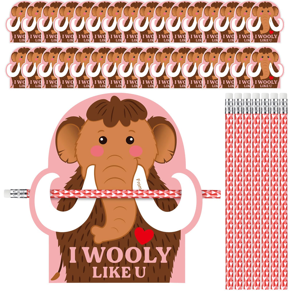Dunzoom Wooly Mammoth Valentine card with heart accents for classmates