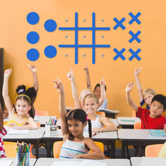 DUOLIYBC tic tac toe magnets on blue wall mount used in playrooms.