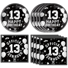 DURYGEN 13th birthday plates in black and silver for a stylish party setup.