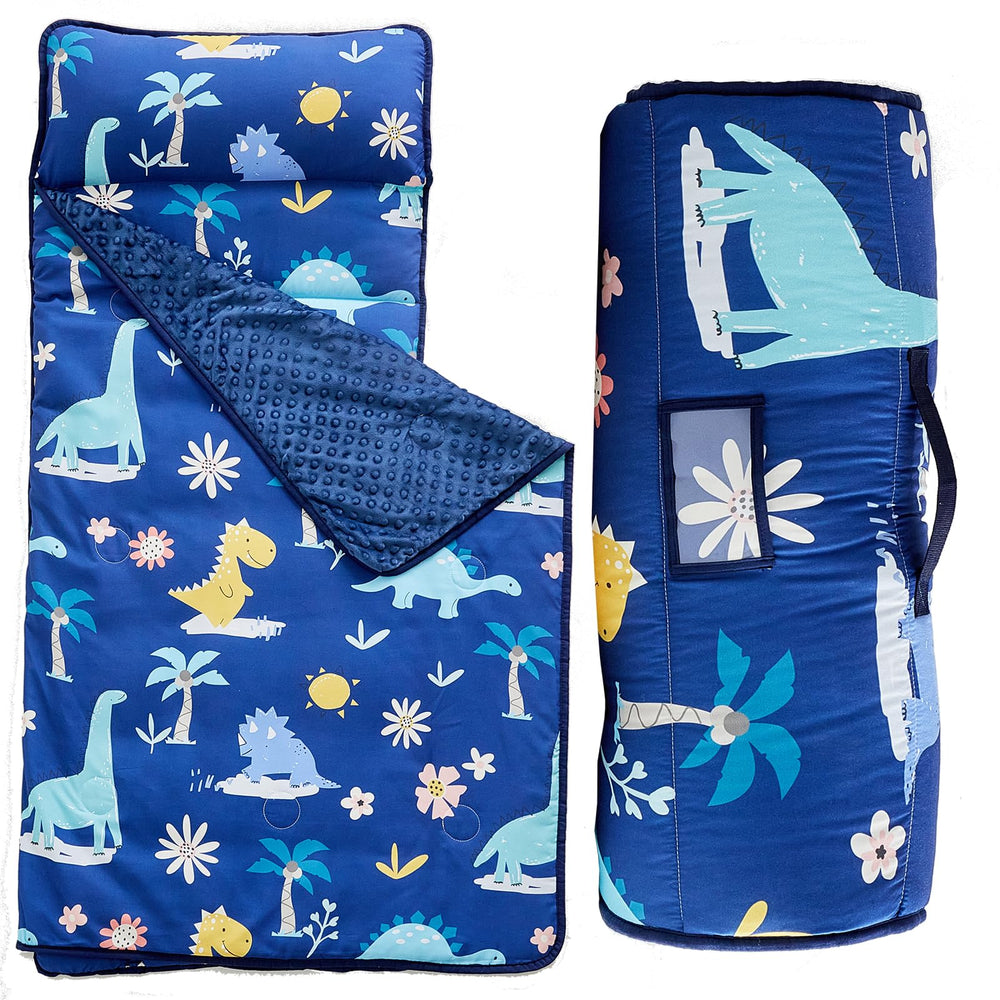 DuShow dinosaur nap mat rolled up with handle for easy daycare transport