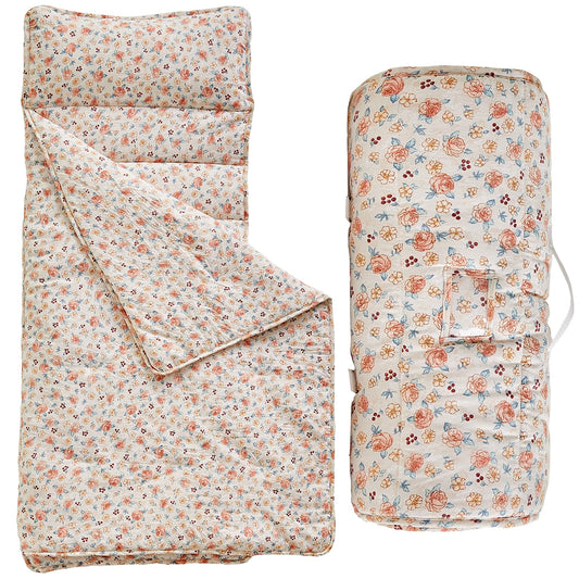 DuShow toddler nap mat rolled up with fasteners for easy transport in daycare.