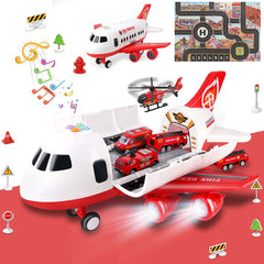 Dwi Dowellin airplane playset with fire trucks supports imaginative play on a detailed rescue-themed mat.