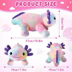 DYBFONO Axolotl plush pillow in multicolored hues for travel comfort.