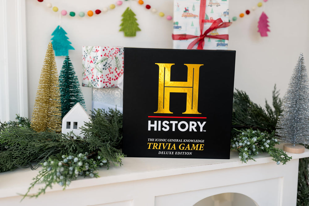 DYCE History Channel Trivia Deluxe Edition components laid out for quick setup and group play