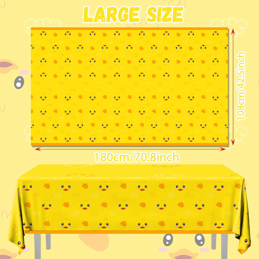 Dydamud yellow duckie tablecloth is disposable for quick cleanup.