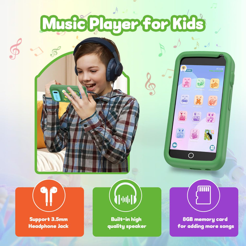 E teacher Kids Smartphone green music player demonstrates built-in audio entertainment