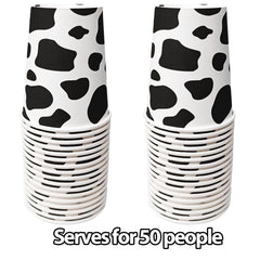 9-ounce disposable cow print cups ready for drinks at a celebration.