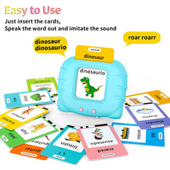 Eaever bilingual flash cards read aloud to reinforce vocabulary in English and Spanish.