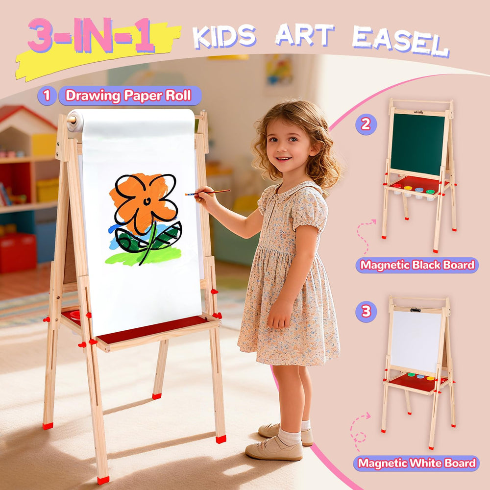 EAQ Easel comes with chalk, magnets, and cups for creative play.