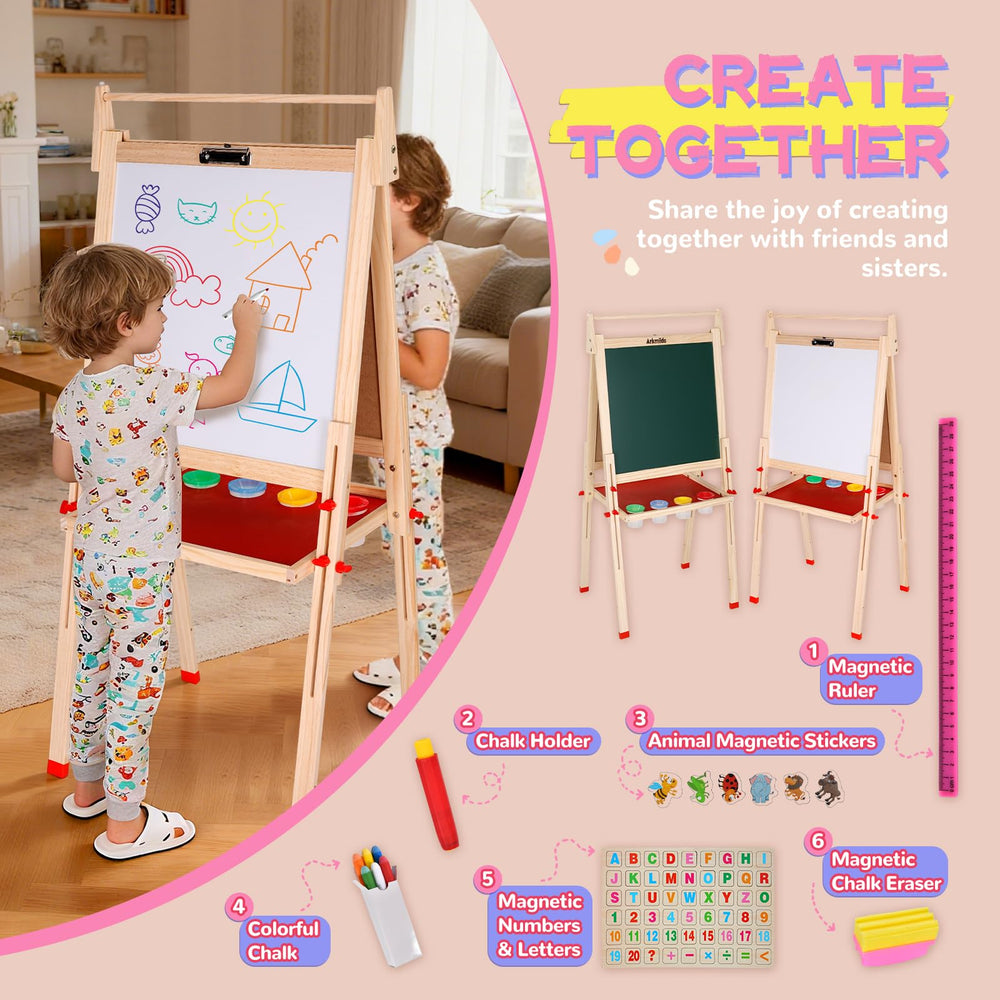 EAQ Easel includes 52 magnetic letters and numbers for early learning.