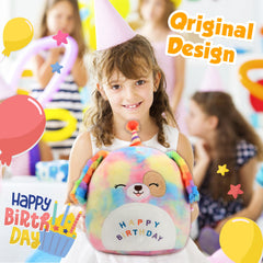 Easfan birthday-hat dog plush highlights vibrant colors for bedtime comfort