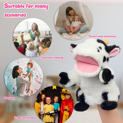 Closeup of Easfan cow puppet's soft shaggy fur provides cozy touch for gentle play