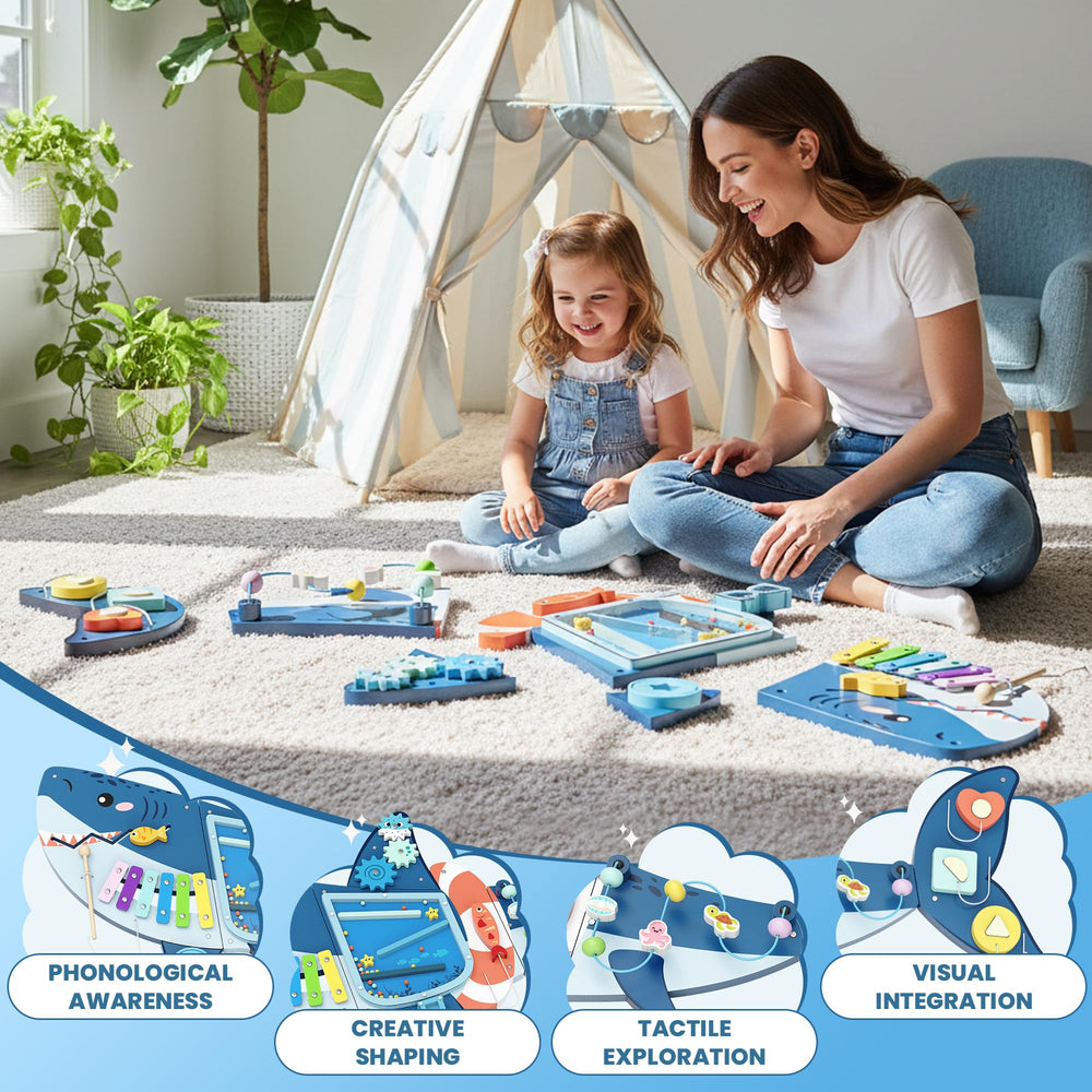Easyego shark busy board encourages parent-child interaction through guided exploration.