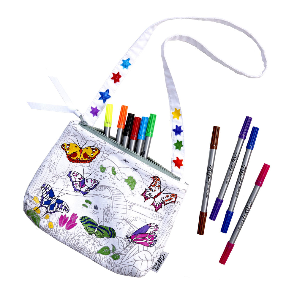 eatsleepdoodle butterfly crossbody bag colorable design, ideal for kid-friendly travel art