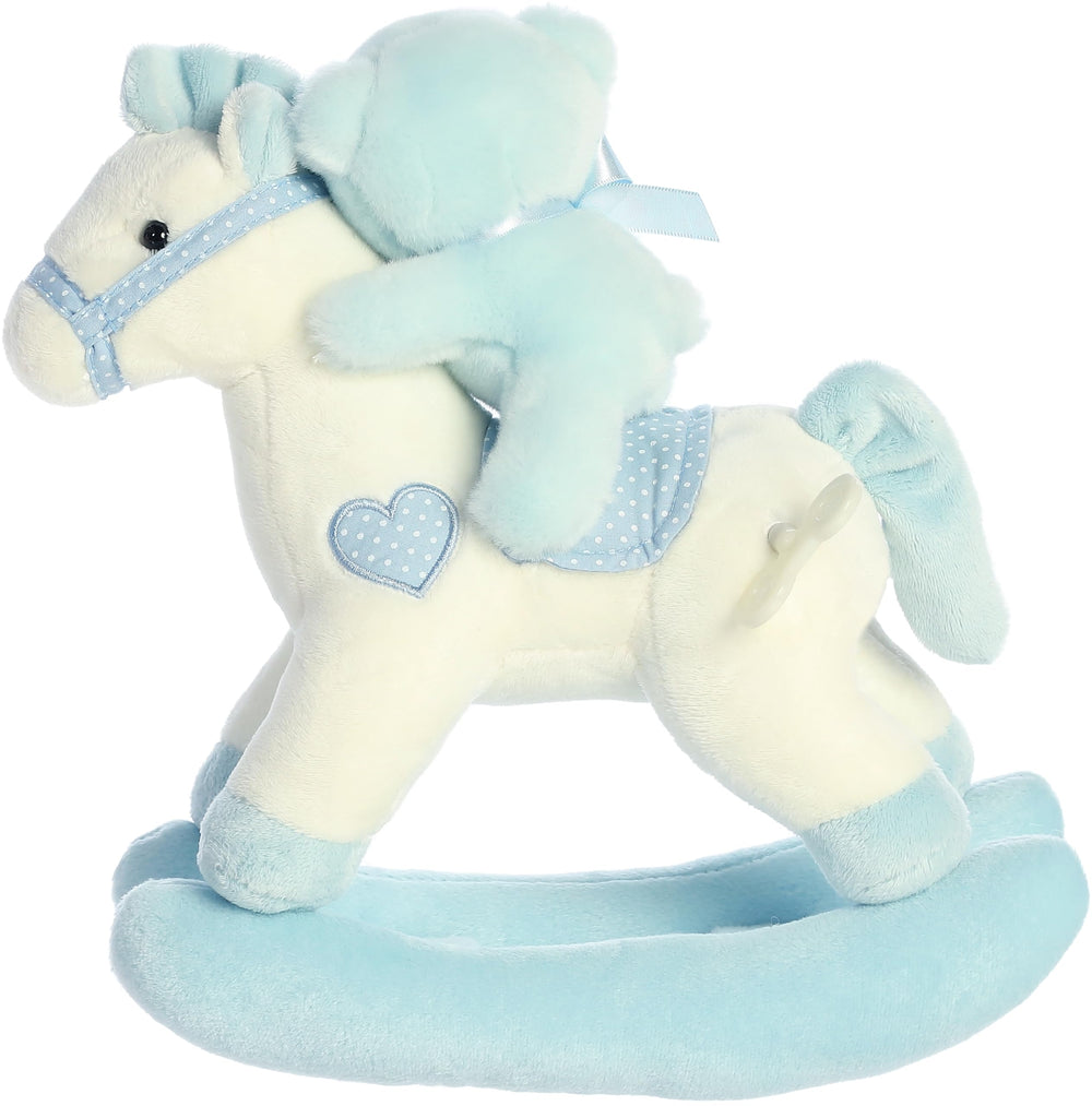 ebba Aurora Melodious Musicals blue rocking horse with teddy rider during calm storytime.