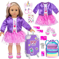 ebuddy 18 inch doll clothes travel set shows purple dress and coat for creative play