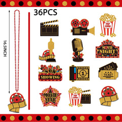 Ecally red-black-gold ticket necklace showcases movie-night glam for photos.