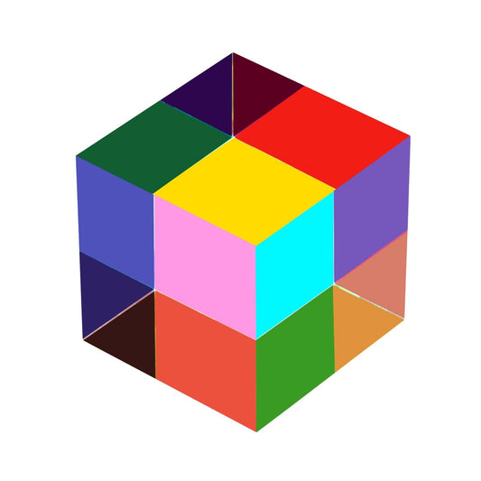 ECBANLI CMY color cube 40mm showing color mixing on translucent acrylic