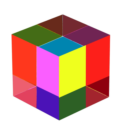 ECBANLI CMY color cube front view with vivid refractions for color exploration