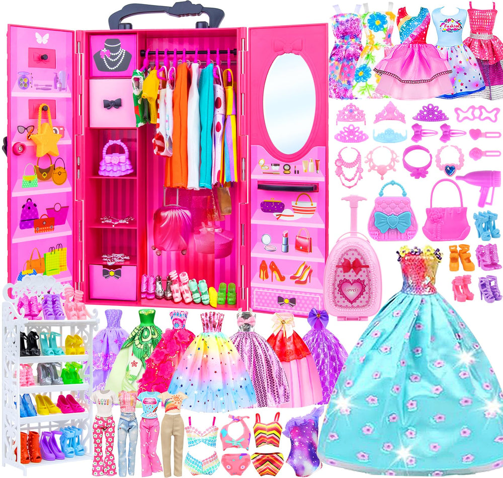Ecore Fun doll closet wardrobe for 11.5-inch dolls, keeps outfits organized for easy styling.