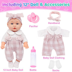 Ecore Fun pink checkered romper displayed on the doll, easy to remove and wash after play
