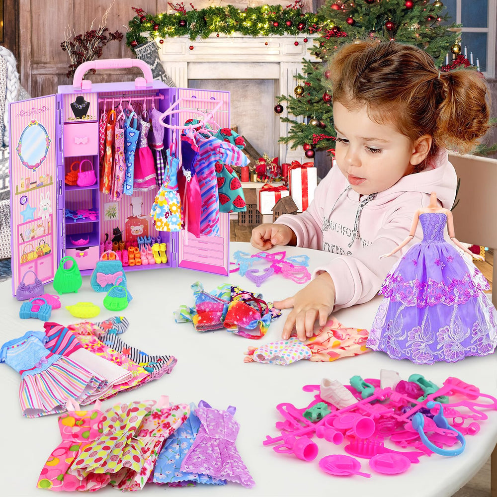Ecore Fun fold-out rack with drawers helps organize doll clothes.