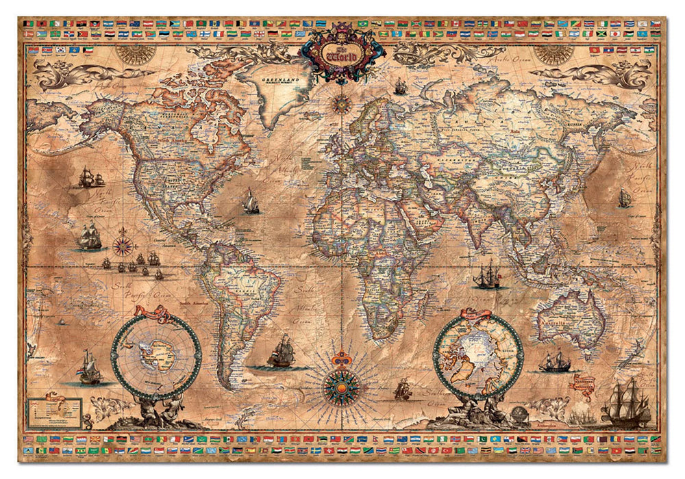 Educa Antique World Map puzzle pieces close-up, detailed vintage cartography.